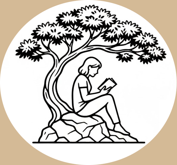 Girl reading on a rock nest to a tree